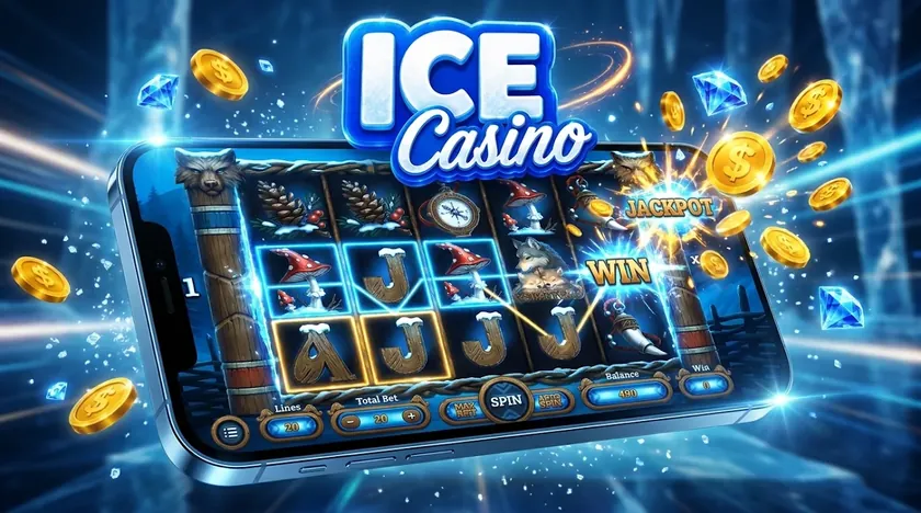 Telefon z otwartą grą typu slot w aplikacji mobilnej ICE Casino, w otoczeniu złotych monet i lodowych kryształów