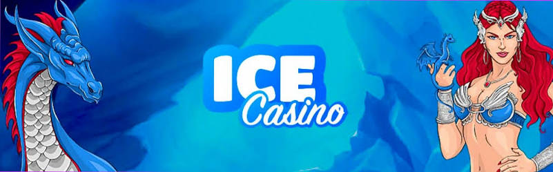 Fantastyczna grafika promocyjna ICE Casino — logo marki między niebieskim smokiem a wojowniczką w lodowej scenerii
